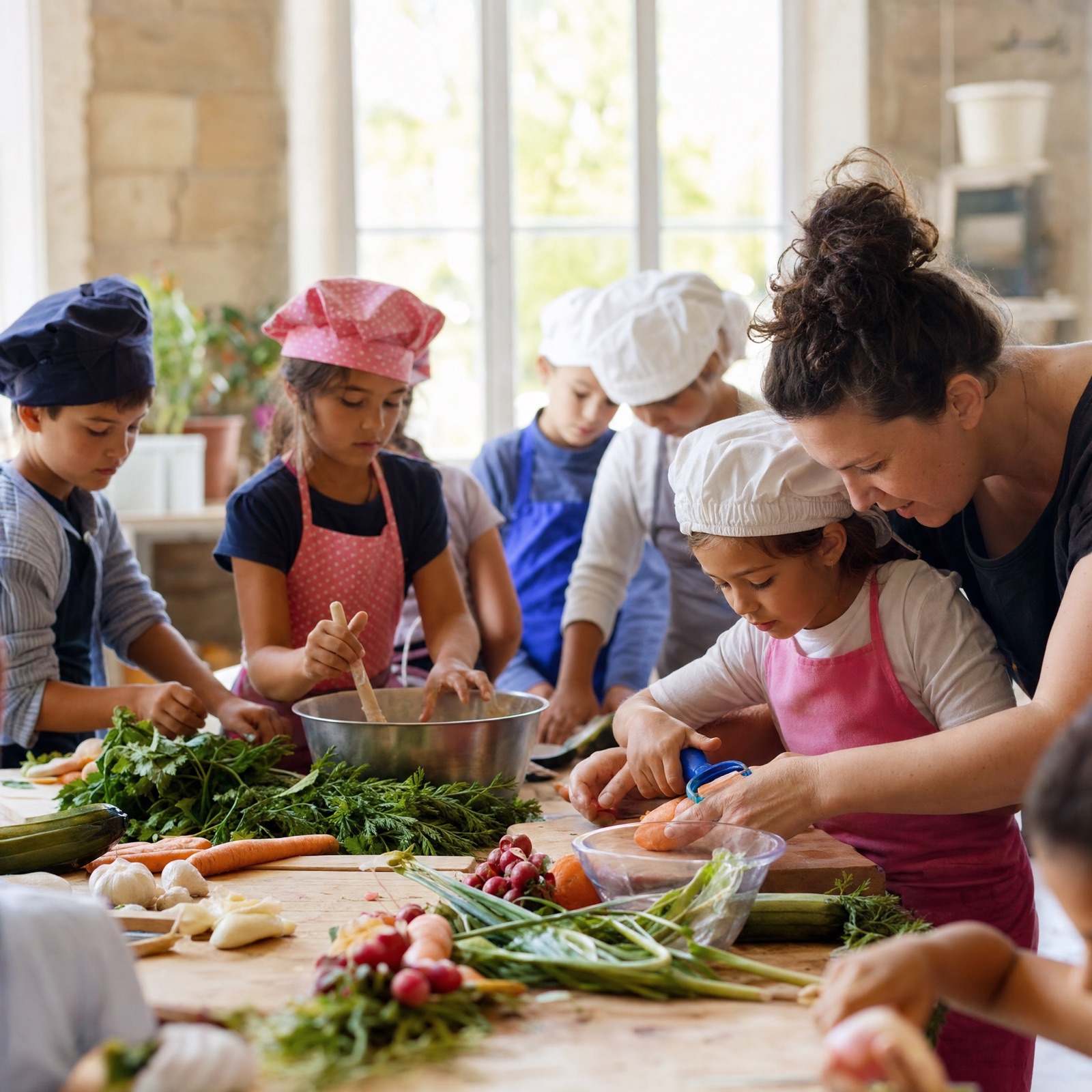 Grand-mère guidant un enfant sur la billig lors d'un atelier intergénérationnel à Rennes
